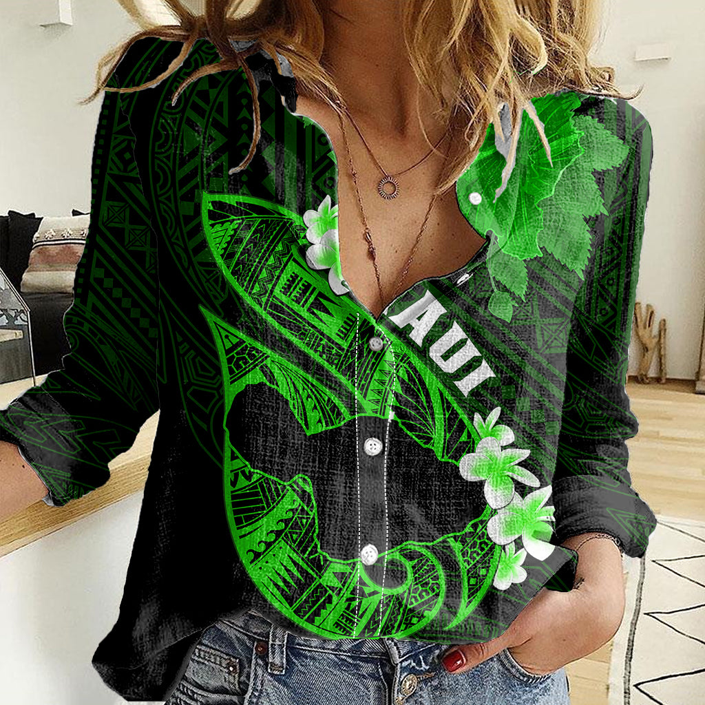 Hawaii Maui Women Casual Shirt Polynesian Fish Hook Hibiscus Green Version LT05 Female Green - Polynesian Pride