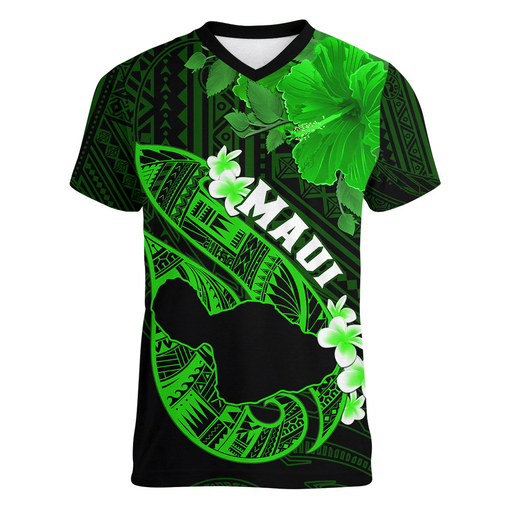 Hawaii Maui Women V Neck T Shirt Polynesian Fish Hook Hibiscus Green Version LT05 Female Green - Polynesian Pride