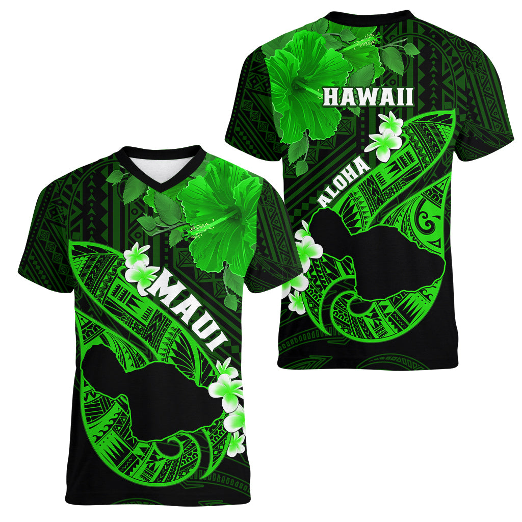Hawaii Maui Women V Neck T Shirt Polynesian Fish Hook Hibiscus Green Version LT05 - Polynesian Pride