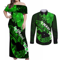 Personalized Hawaii Maui Couples Matching Off Shoulder Maxi Dress and Long Sleeve Button Shirts Polynesian Fish Hook Hibiscus Green Version LT05 Green - Polynesian Pride