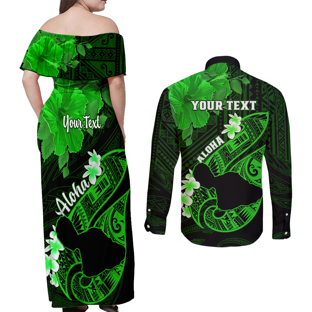 Personalized Hawaii Maui Couples Matching Off Shoulder Maxi Dress and Long Sleeve Button Shirts Polynesian Fish Hook Hibiscus Green Version LT05 - Polynesian Pride