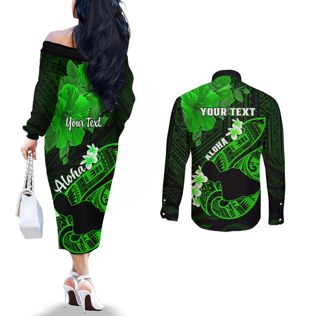 Personalized Hawaii Maui Couples Matching Off The Shoulder Long Sleeve Dress and Long Sleeve Button Shirts Polynesian Fish Hook Hibiscus Green Version LT05 - Polynesian Pride