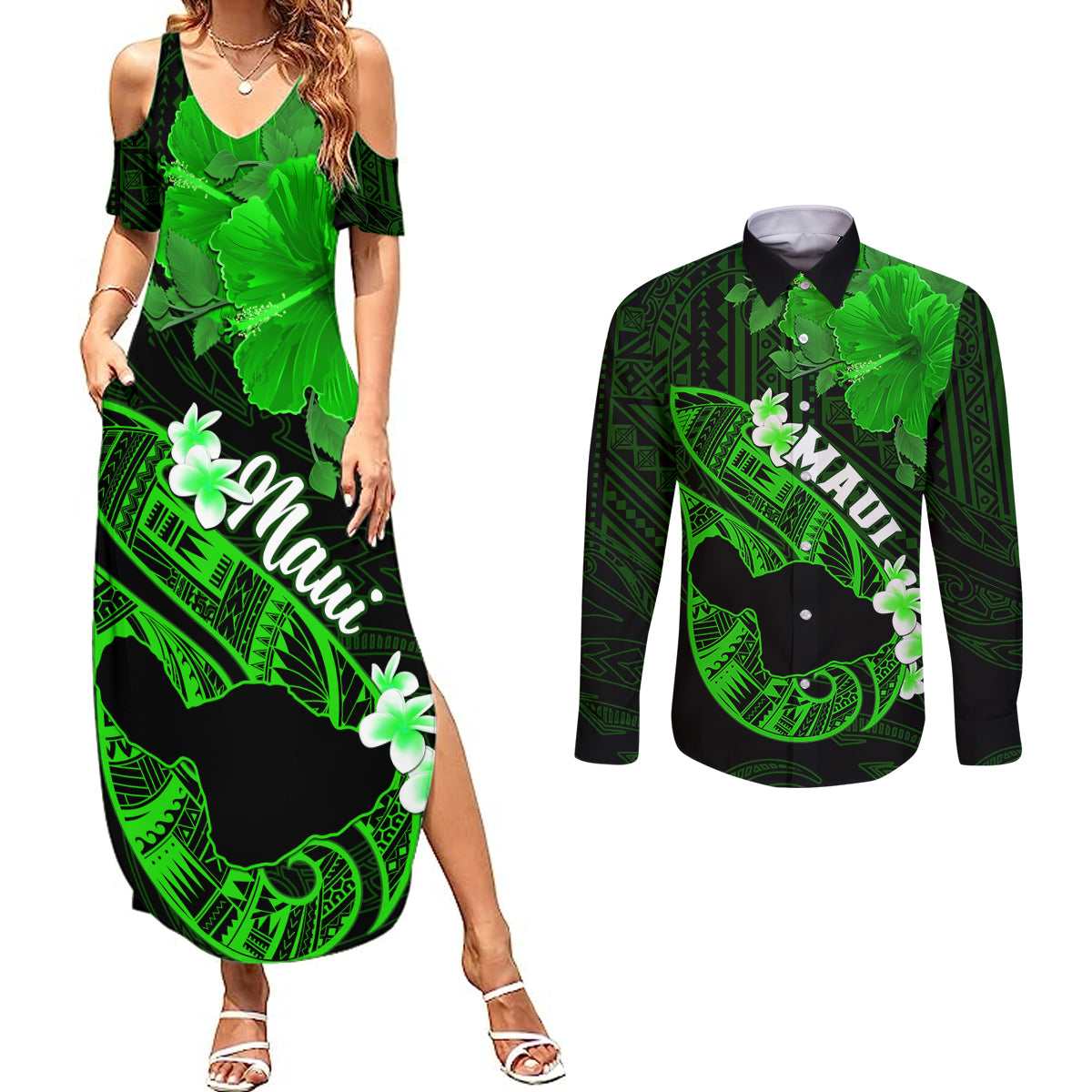 Personalized Hawaii Maui Couples Matching Summer Maxi Dress and Long Sleeve Button Shirts Polynesian Fish Hook Hibiscus Green Version LT05 Green - Polynesian Pride