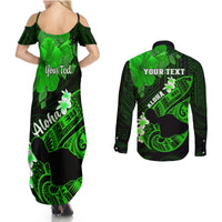 Personalized Hawaii Maui Couples Matching Summer Maxi Dress and Long Sleeve Button Shirts Polynesian Fish Hook Hibiscus Green Version LT05 - Polynesian Pride