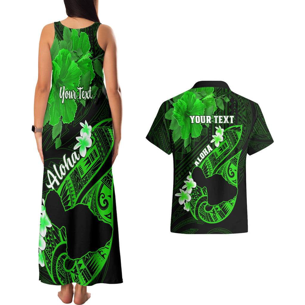 Personalized Hawaii Maui Couples Matching Tank Maxi Dress and Hawaiian Shirt Polynesian Fish Hook Hibiscus Green Version LT05 - Polynesian Pride