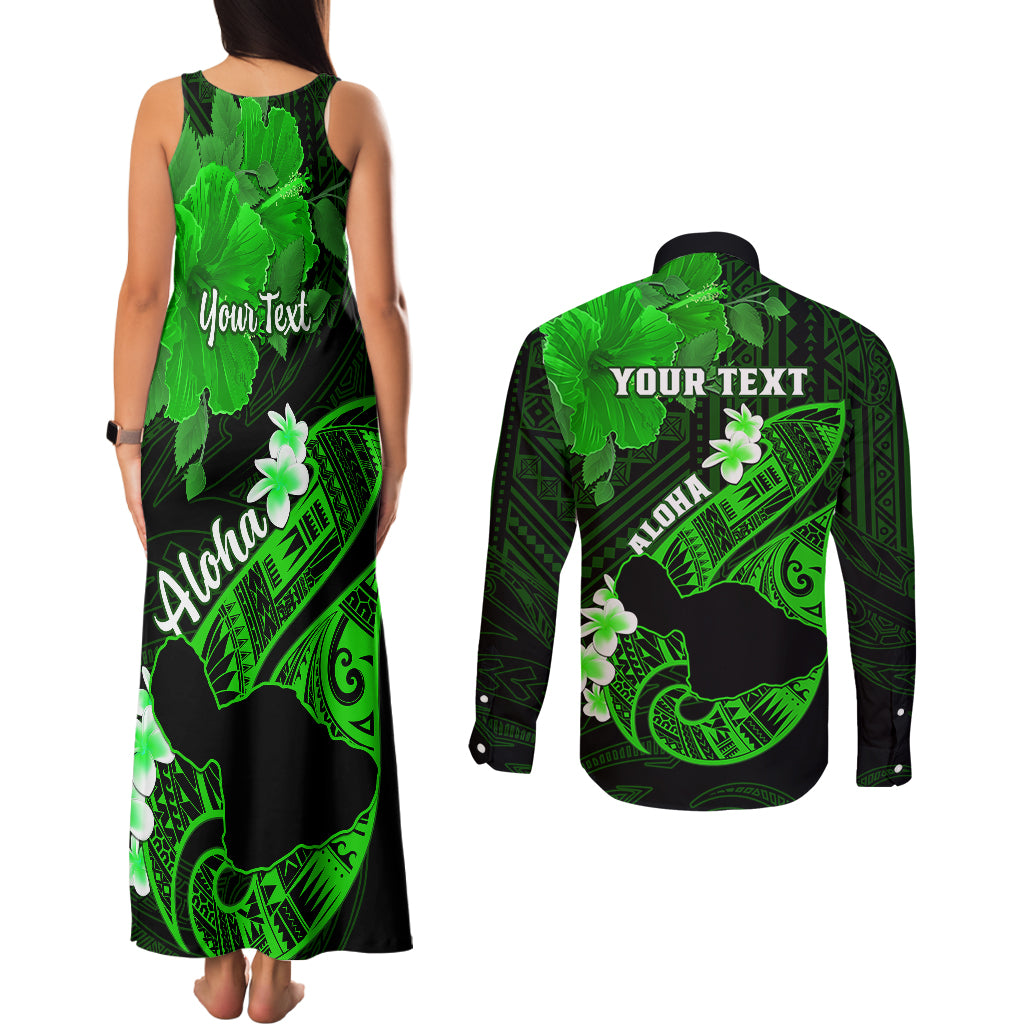 Personalized Hawaii Maui Couples Matching Tank Maxi Dress and Long Sleeve Button Shirts Polynesian Fish Hook Hibiscus Green Version LT05 - Polynesian Pride