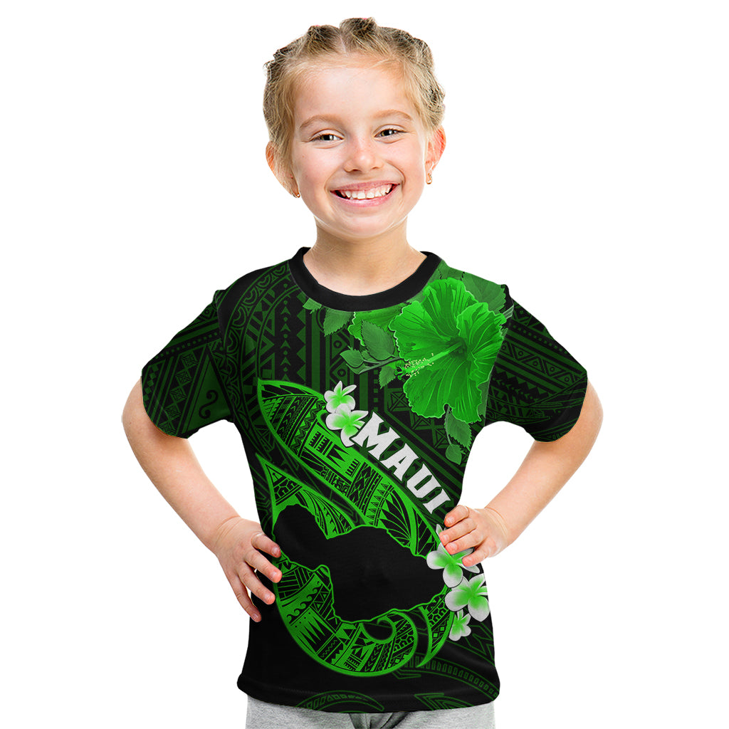 Personalized Hawaii Maui Kid T Shirt Polynesian Fish Hook Hibiscus Green Version LT05 Green - Polynesian Pride