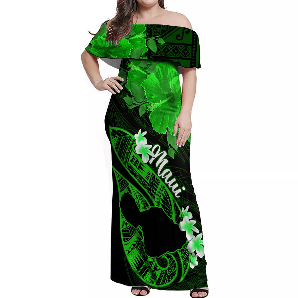Personalized Hawaii Maui Off Shoulder Maxi Dress Polynesian Fish Hook Hibiscus Green Version LT05 Women Green - Polynesian Pride