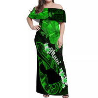 Personalized Hawaii Maui Off Shoulder Maxi Dress Polynesian Fish Hook Hibiscus Green Version LT05 Women Green - Polynesian Pride