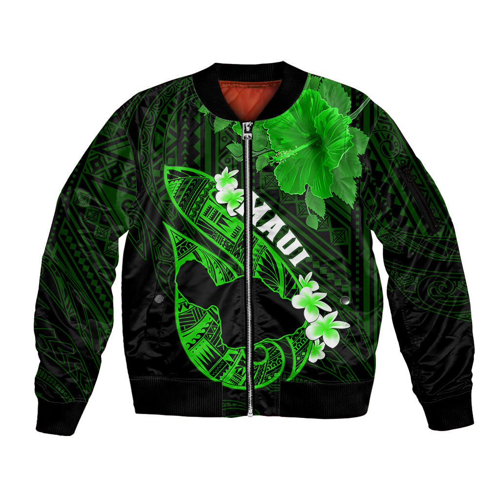 Personalized Hawaii Maui Sleeve Zip Bomber Jacket Polynesian Fish Hook Hibiscus Green Version LT05 Unisex Green - Polynesian Pride