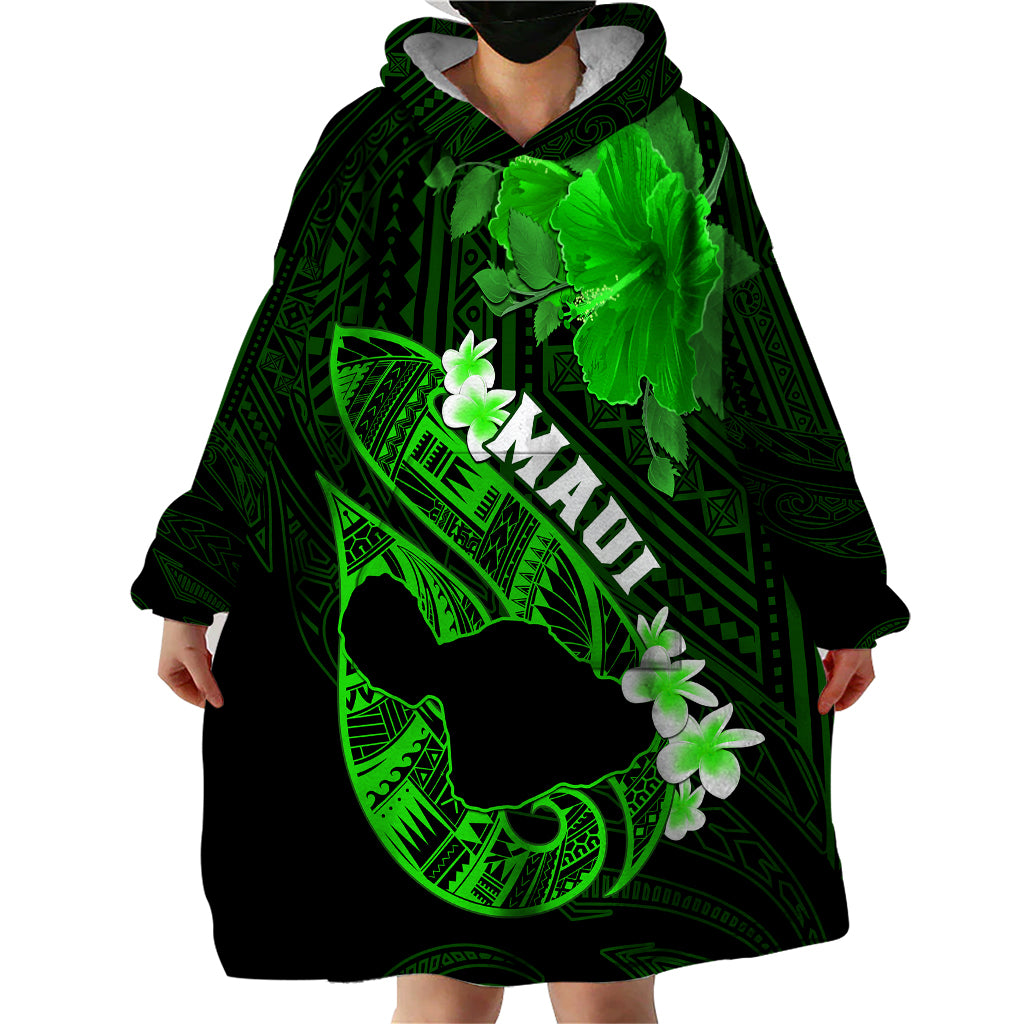 Personalized Hawaii Maui Wearable Blanket Hoodie Polynesian Fish Hook Hibiscus Green Version LT05 - Polynesian Pride