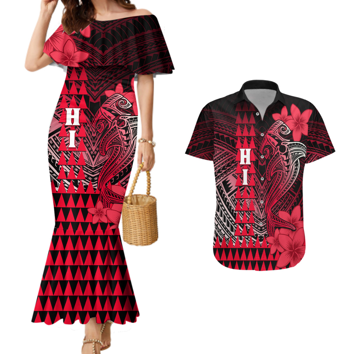 Personalized Hawaii Couples Matching Mermaid Dress and Hawaiian Shirt Hammerhead Shark Kakau Polynesian Tribal Red LT05 Red - Polynesian Pride