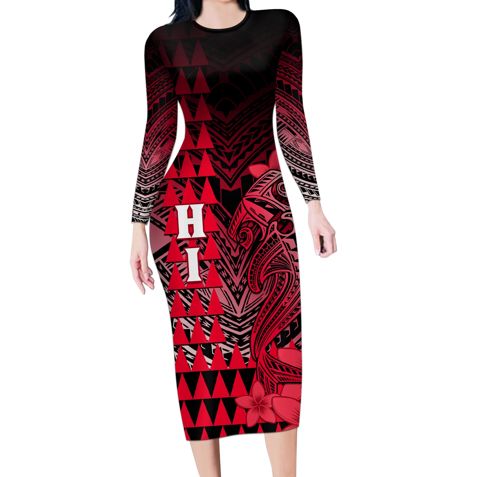 Personalized Hawaii Long Sleeve Bodycon Dress Hammerhead Shark Kakau Polynesian Tribal Red LT05 Long Dress Red - Polynesian Pride