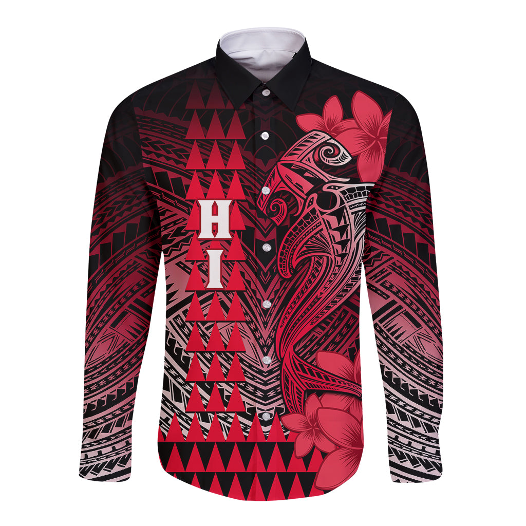Personalized Hawaii Long Sleeve Button Shirt Hammerhead Shark Kakau Polynesian Tribal Red LT05 Unisex Red - Polynesian Pride