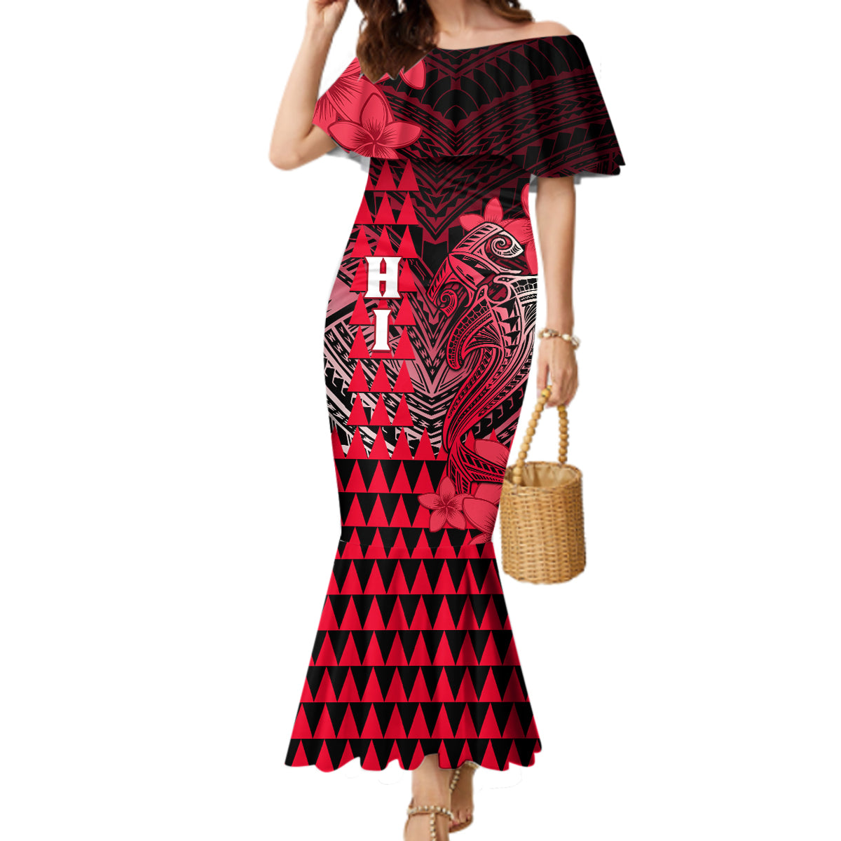 Personalized Hawaii Mermaid Dress Hammerhead Shark Kakau Polynesian Tribal Red LT05 Women Red - Polynesian Pride