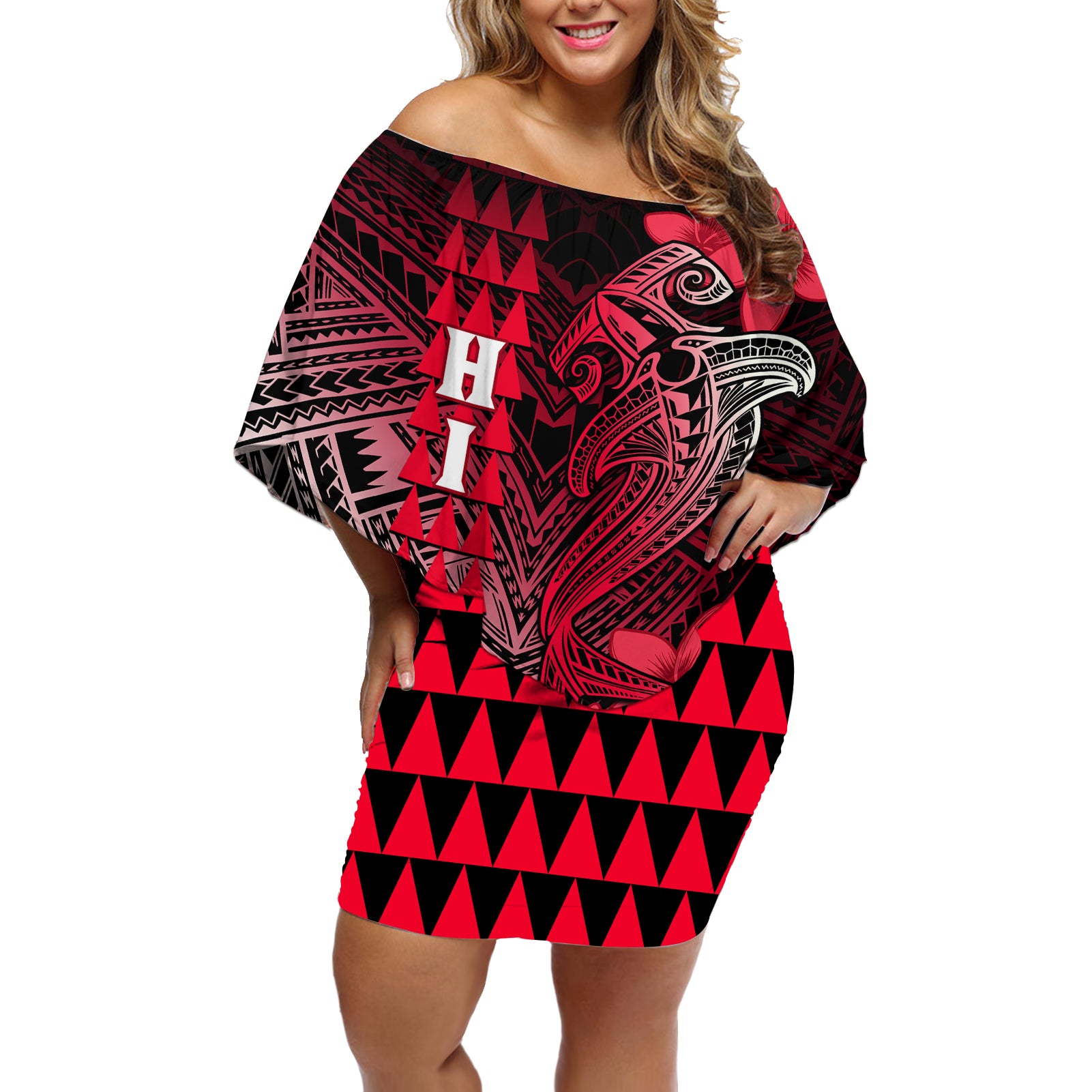 Personalized Hawaii Off Shoulder Short Dress Hammerhead Shark Kakau Polynesian Tribal Red LT05 Women Red - Polynesian Pride