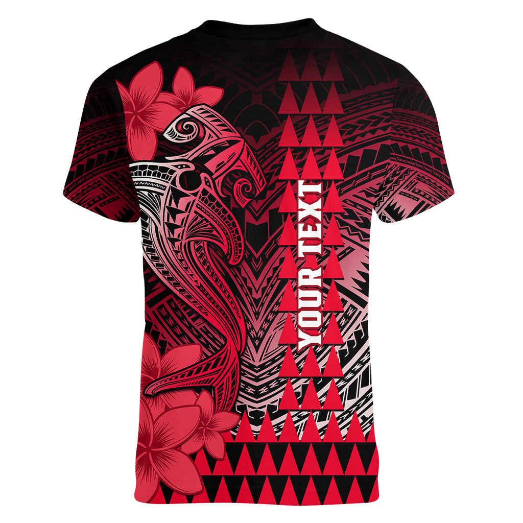 Personalized Hawaii Women V Neck T Shirt Hammerhead Shark Kakau Polynesian Tribal Red LT05 - Polynesian Pride