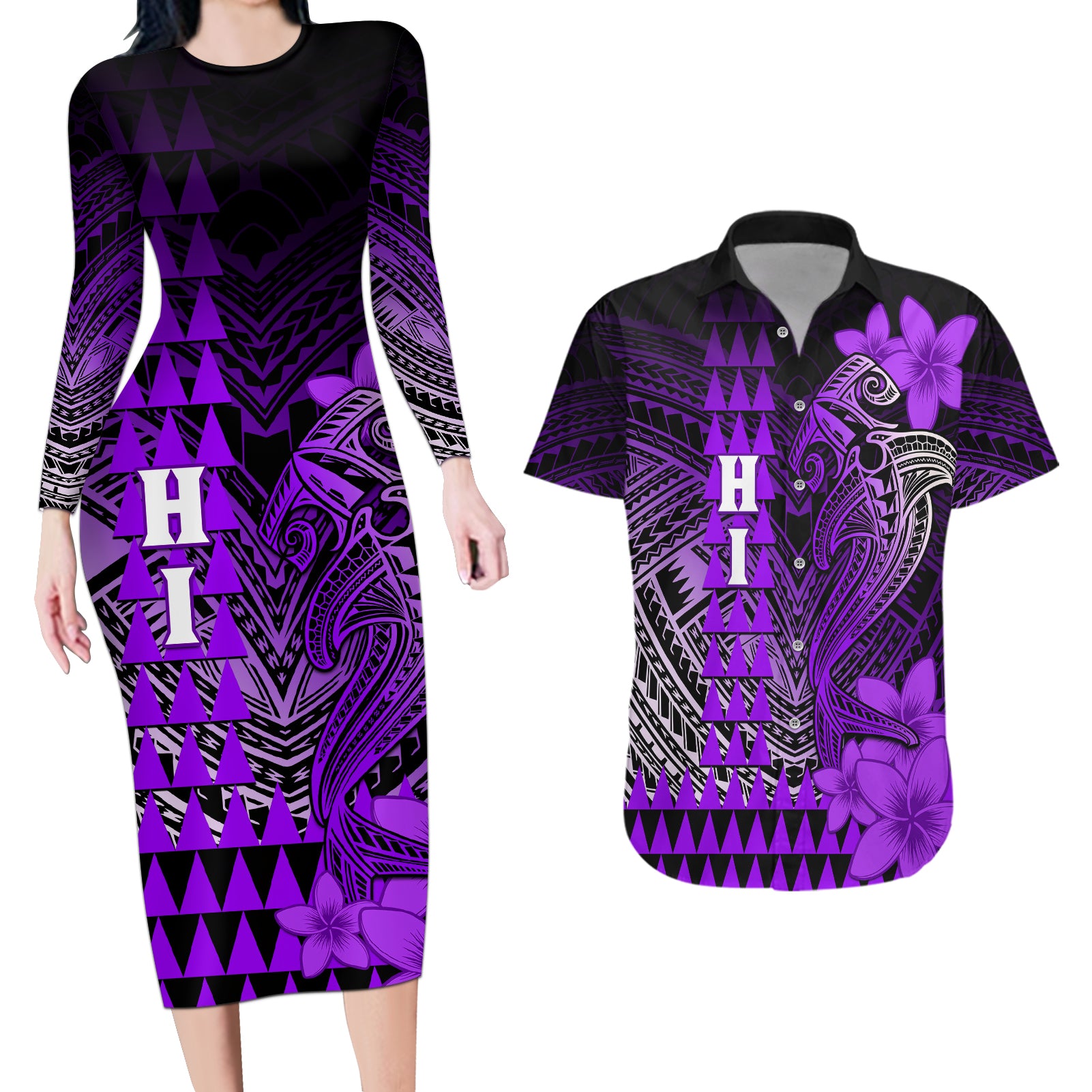 Personalized Hawaii Couples Matching Long Sleeve Bodycon Dress and Hawaiian Shirt Hammerhead Shark Kakau Polynesian Tribal Purple LT05 Purple - Polynesian Pride