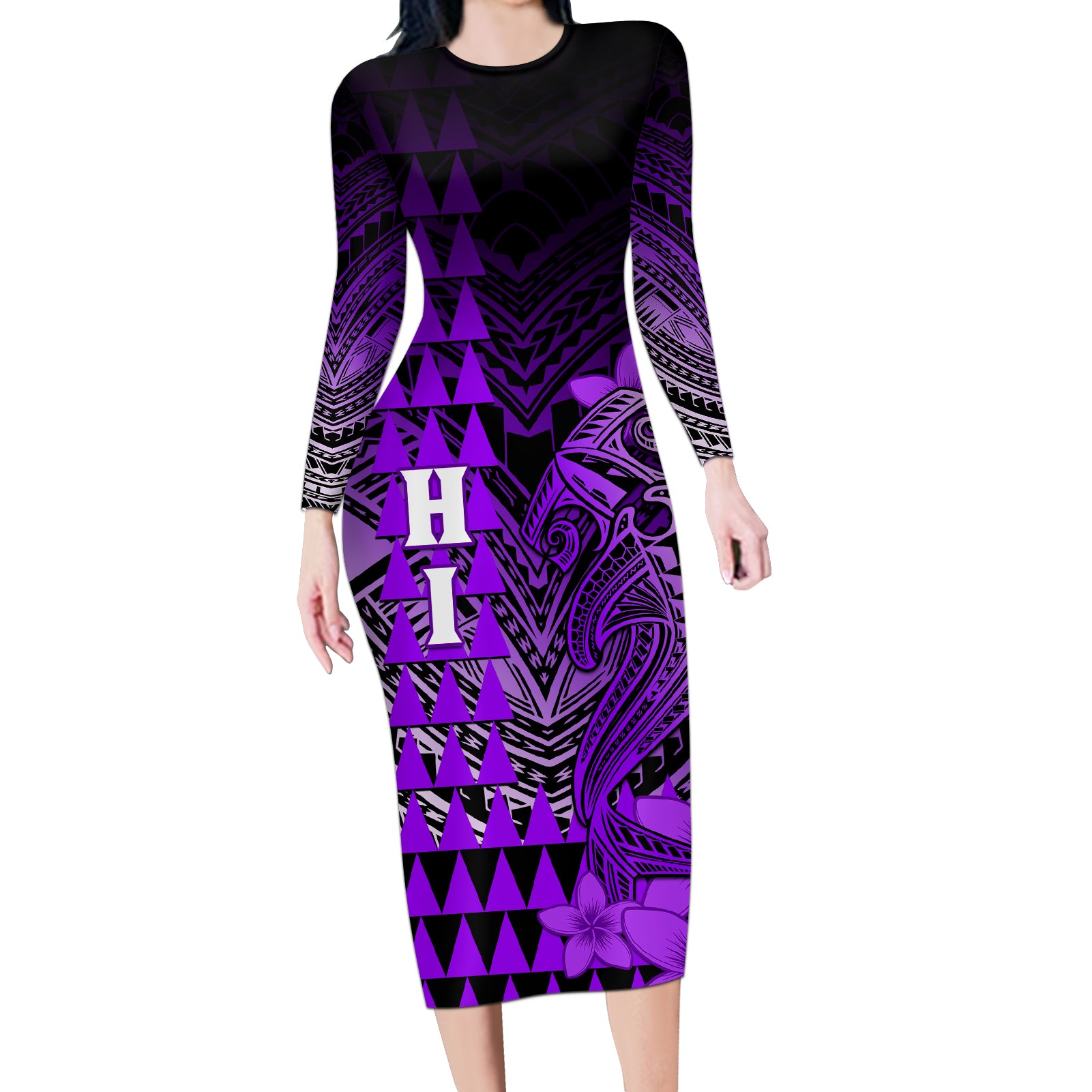 Personalized Hawaii Long Sleeve Bodycon Dress Hammerhead Shark Kakau Polynesian Tribal Purple LT05 Long Dress Purple - Polynesian Pride