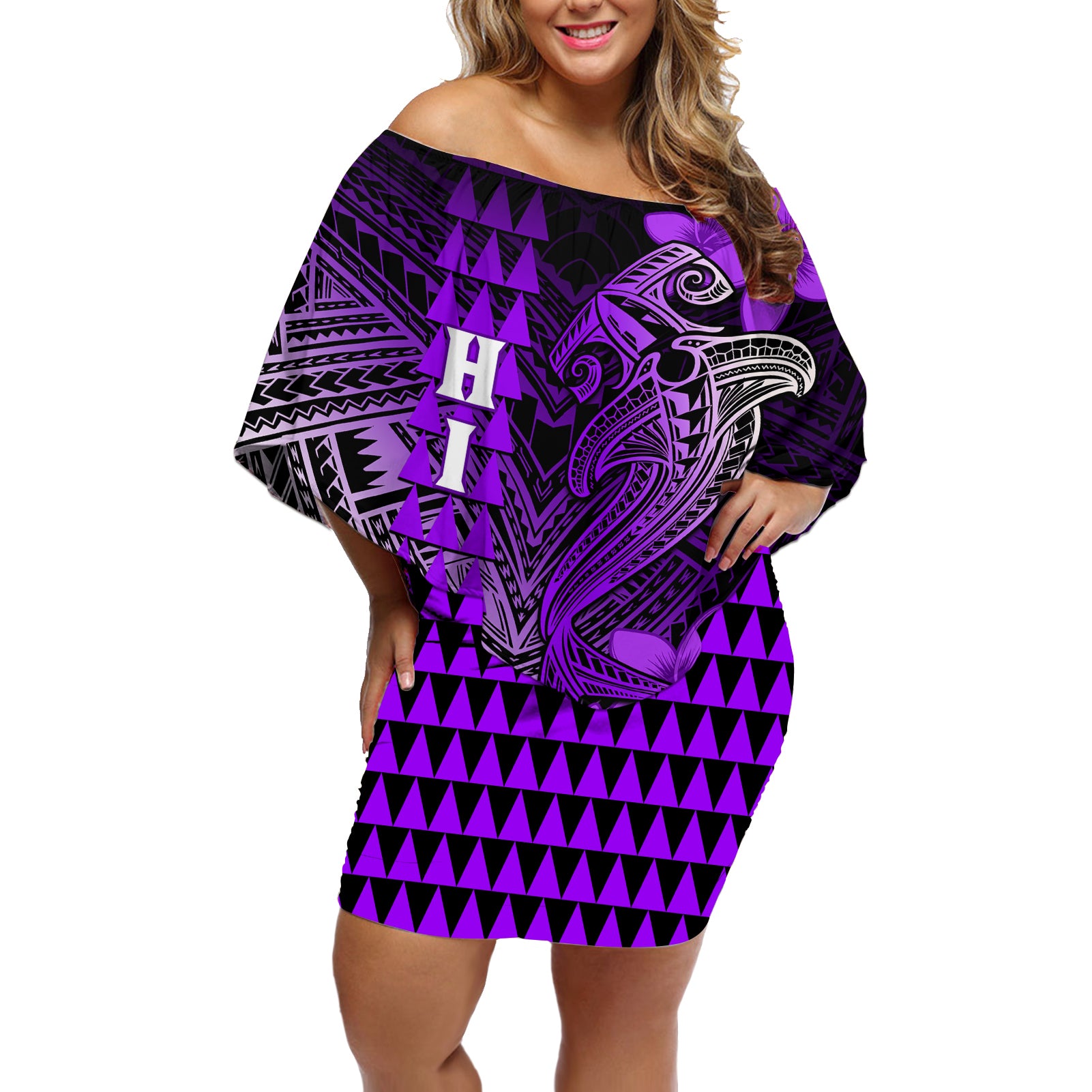 Personalized Hawaii Off Shoulder Short Dress Hammerhead Shark Kakau Polynesian Tribal Purple LT05 Women Purple - Polynesian Pride