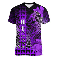 Personalized Hawaii Women V Neck T Shirt Hammerhead Shark Kakau Polynesian Tribal Purple LT05 Female Purple - Polynesian Pride