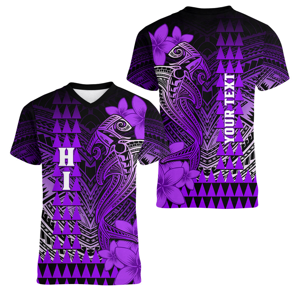 Personalized Hawaii Women V Neck T Shirt Hammerhead Shark Kakau Polynesian Tribal Purple LT05 - Polynesian Pride