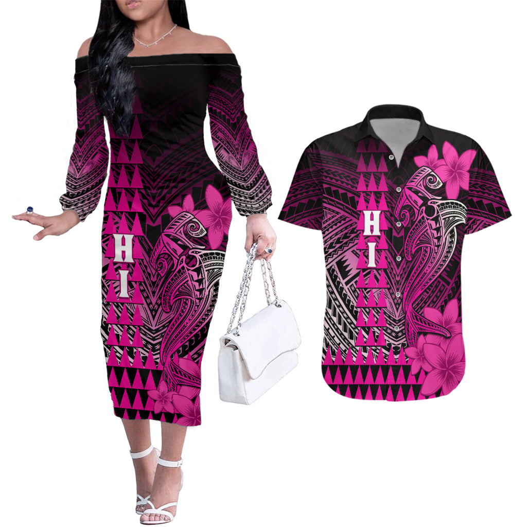 Personalized Hawaii Couples Matching Off The Shoulder Long Sleeve Dress and Hawaiian Shirt Hammerhead Shark Kakau Polynesian Tribal Pink LT05 Pink - Polynesian Pride