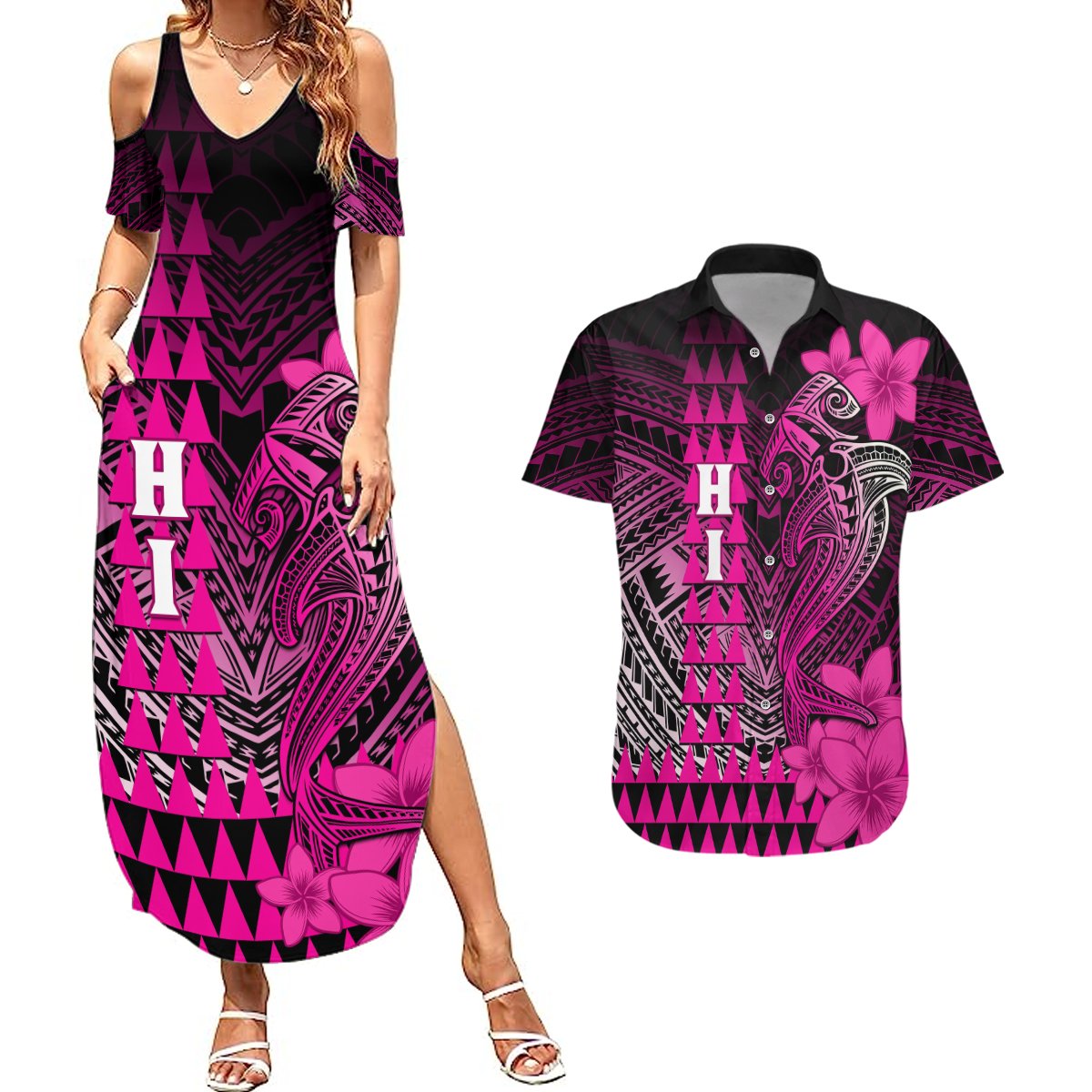 Personalized Hawaii Couples Matching Summer Maxi Dress and Hawaiian Shirt Hammerhead Shark Kakau Polynesian Tribal Pink LT05 Pink - Polynesian Pride