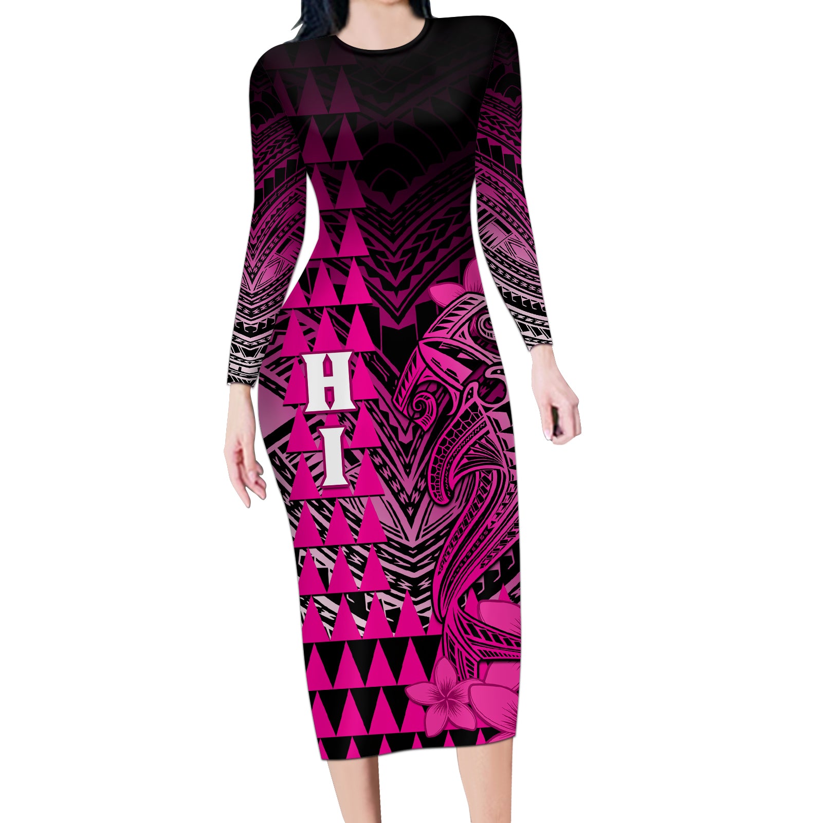 Personalized Hawaii Long Sleeve Bodycon Dress Hammerhead Shark Kakau Polynesian Tribal Pink LT05 Long Dress Pink - Polynesian Pride