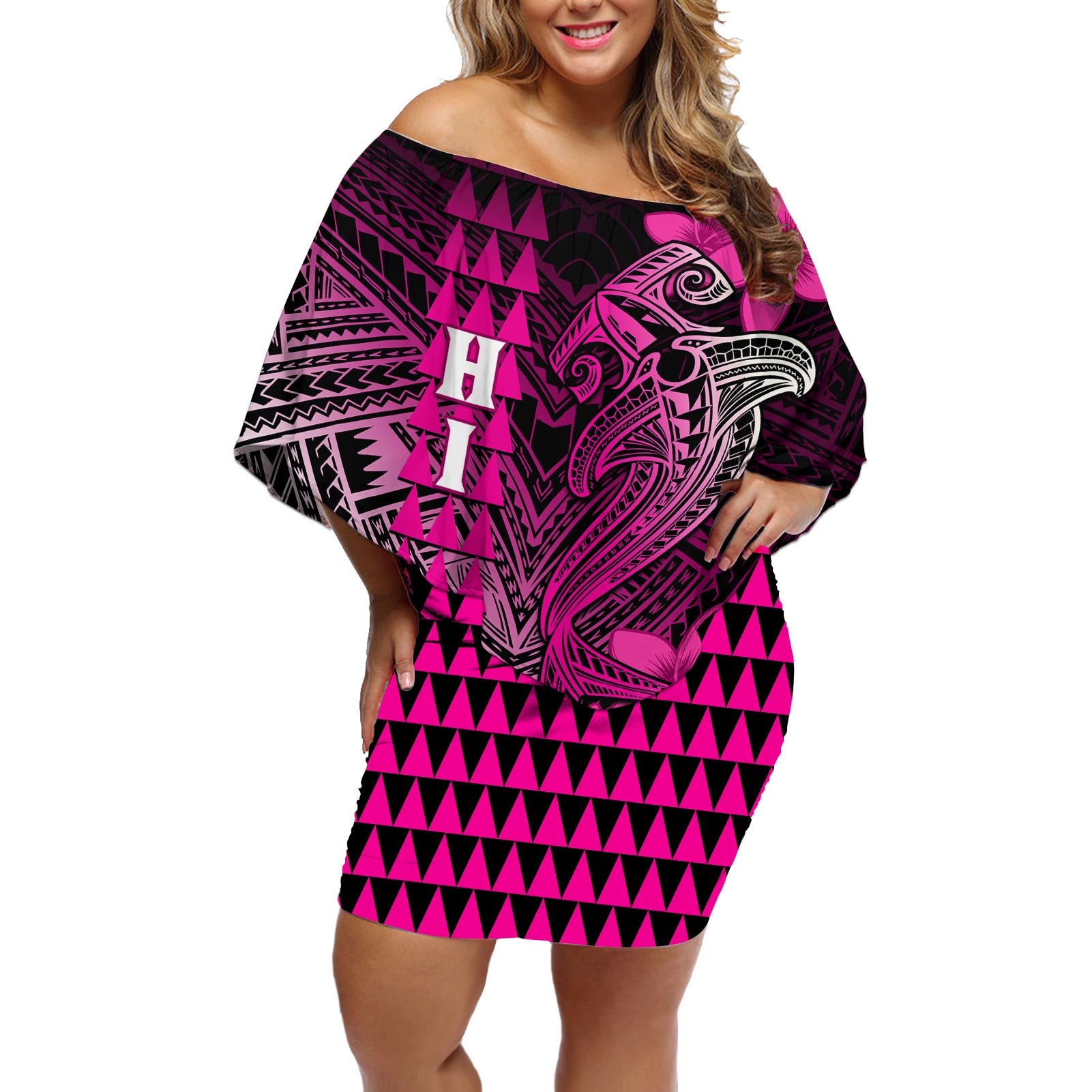 Personalized Hawaii Off Shoulder Short Dress Hammerhead Shark Kakau Polynesian Tribal Pink LT05 Women Pink - Polynesian Pride