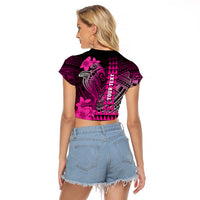 Personalized Hawaii Raglan Cropped T Shirt Hammerhead Shark Kakau Polynesian Tribal Pink LT05 - Polynesian Pride