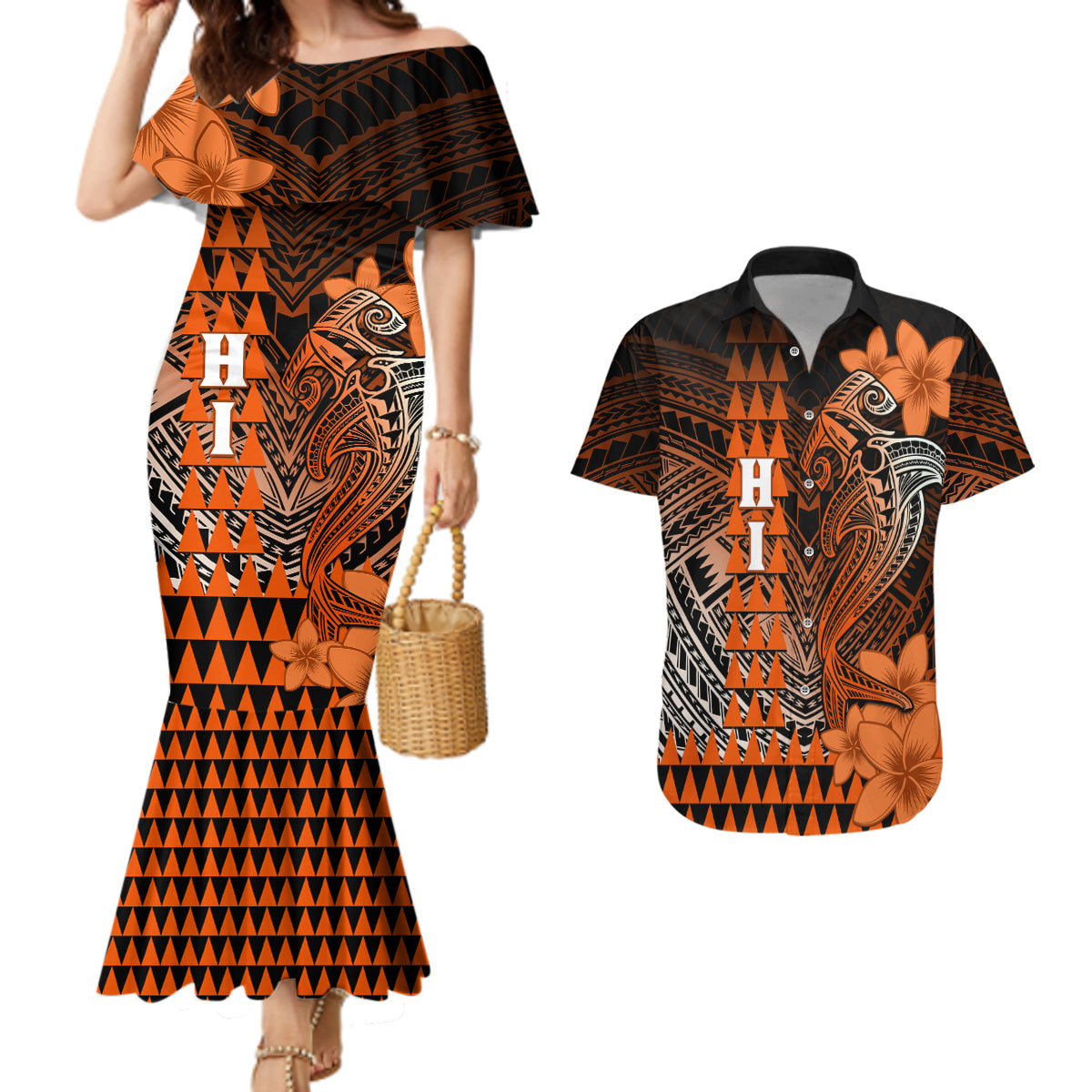 Personalized Hawaii Couples Matching Mermaid Dress and Hawaiian Shirt Hammerhead Shark Kakau Polynesian Tribal Orange LT05 Orange - Polynesian Pride