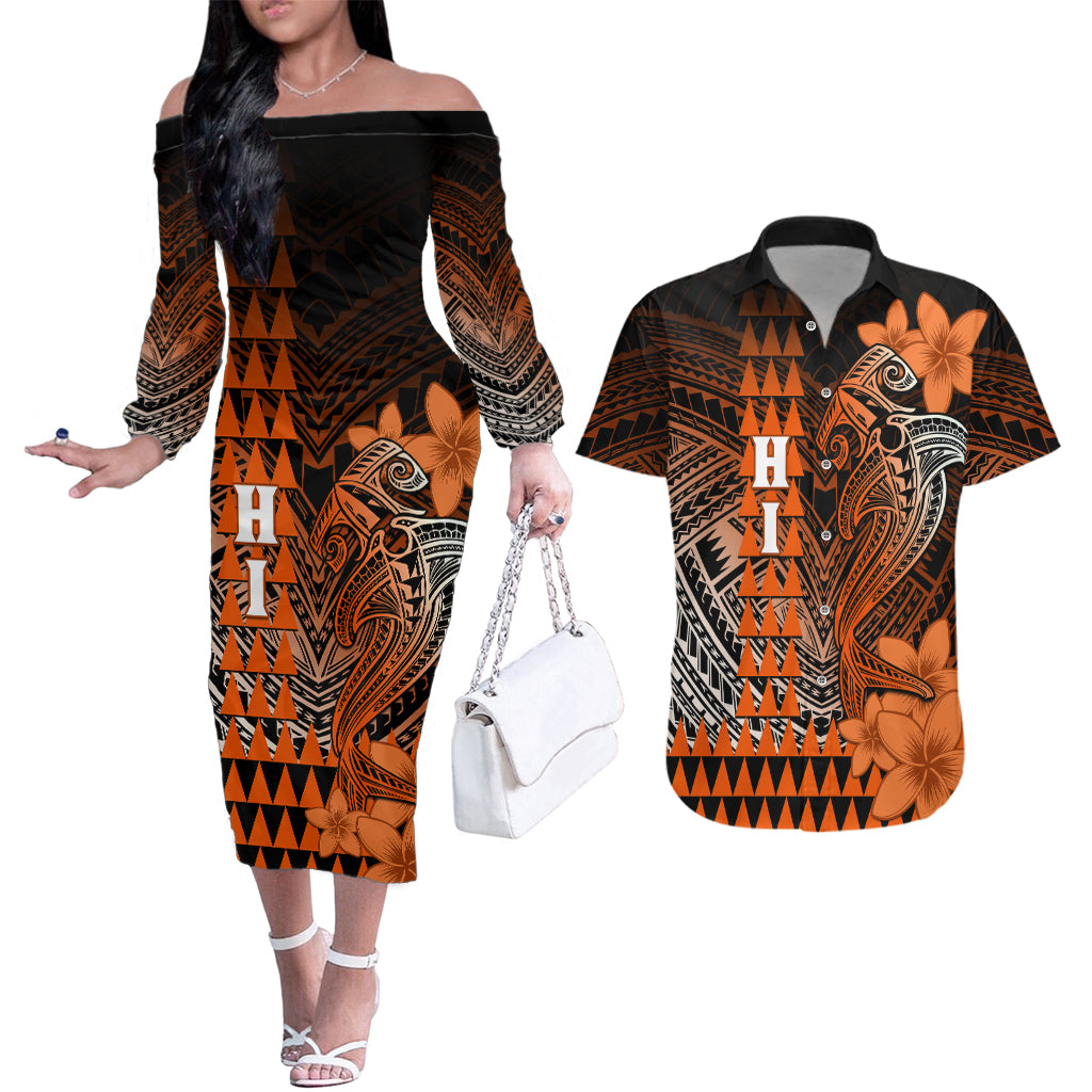 Personalized Hawaii Couples Matching Off The Shoulder Long Sleeve Dress and Hawaiian Shirt Hammerhead Shark Kakau Polynesian Tribal Orange LT05 Orange - Polynesian Pride