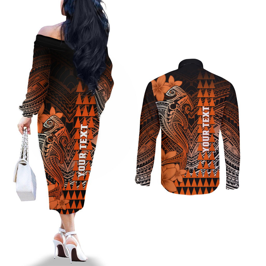 Personalized Hawaii Couples Matching Off The Shoulder Long Sleeve Dress and Long Sleeve Button Shirts Hammerhead Shark Kakau Polynesian Tribal Orange LT05 - Polynesian Pride