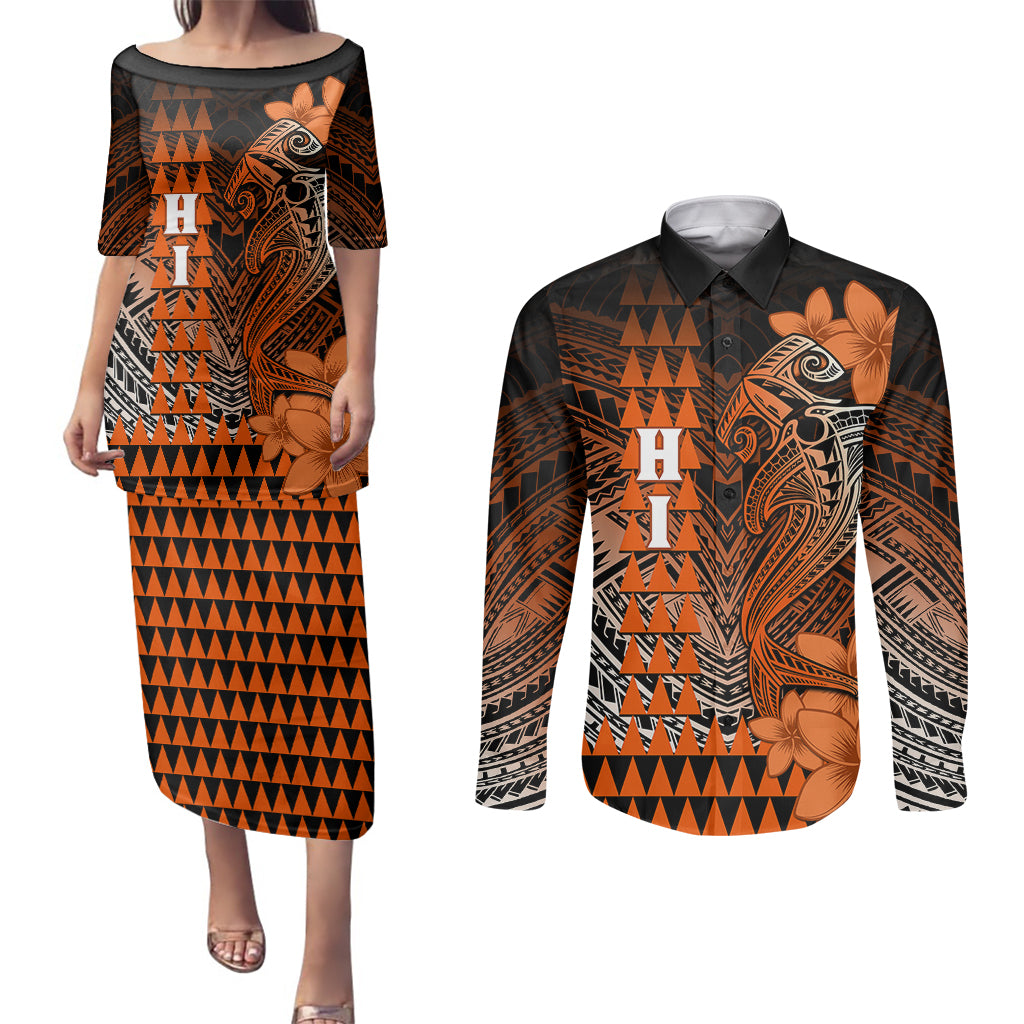 Personalized Hawaii Couples Matching Puletasi Dress and Long Sleeve Button Shirts Hammerhead Shark Kakau Polynesian Tribal Orange LT05 Orange - Polynesian Pride