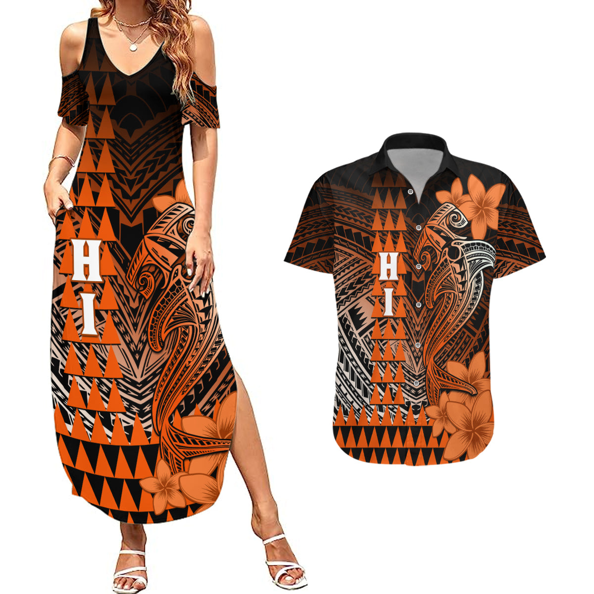 Personalized Hawaii Couples Matching Summer Maxi Dress and Hawaiian Shirt Hammerhead Shark Kakau Polynesian Tribal Orange LT05 Orange - Polynesian Pride