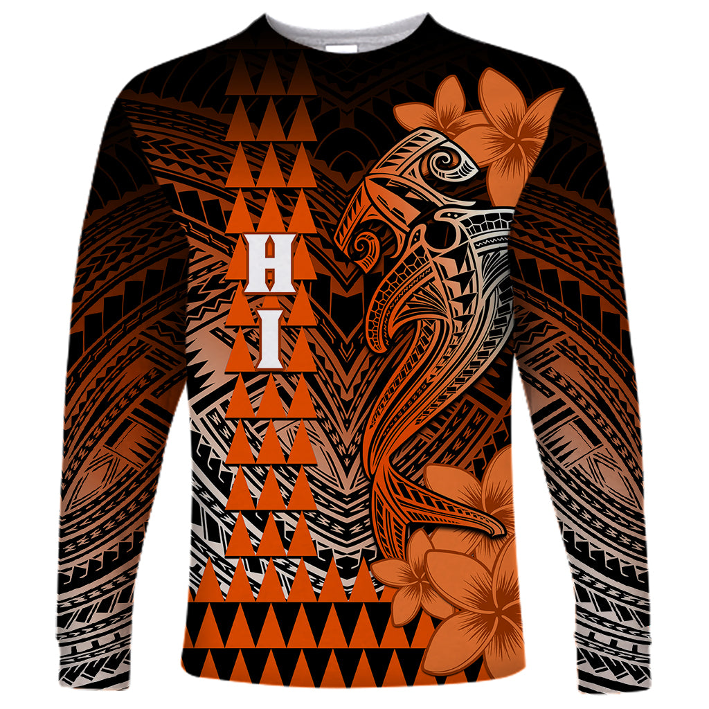 Personalized Hawaii Long Sleeve Shirt Hammerhead Shark Kakau Polynesian Tribal Orange LT05 Unisex Orange - Polynesian Pride