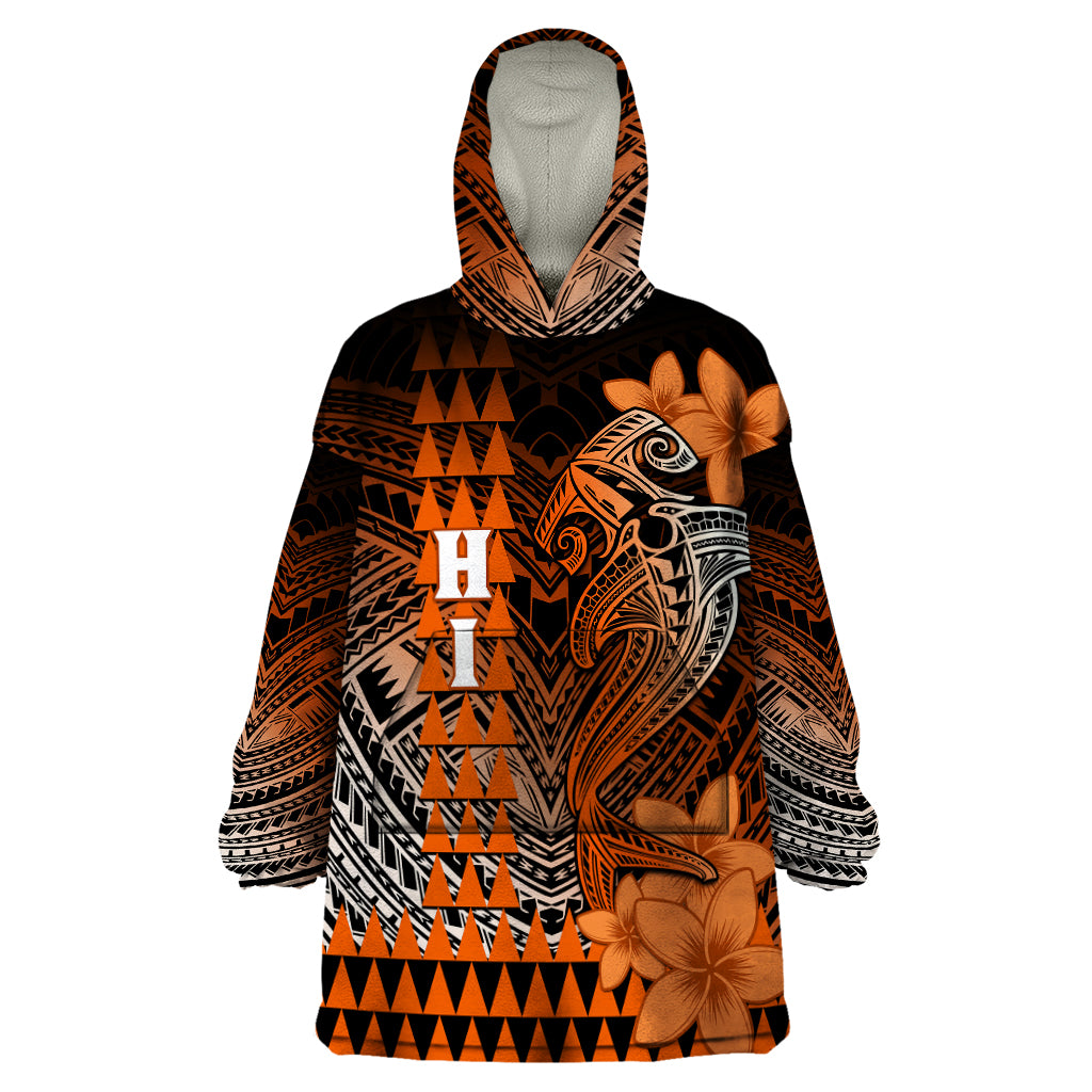 Personalized Hawaii Wearable Blanket Hoodie Hammerhead Shark Kakau Polynesian Tribal Orange LT05 One Size Orange - Polynesian Pride