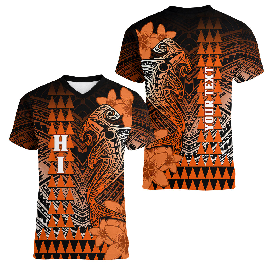 Personalized Hawaii Women V Neck T Shirt Hammerhead Shark Kakau Polynesian Tribal Orange LT05 - Polynesian Pride