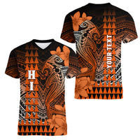 Personalized Hawaii Women V Neck T Shirt Hammerhead Shark Kakau Polynesian Tribal Orange LT05 - Polynesian Pride