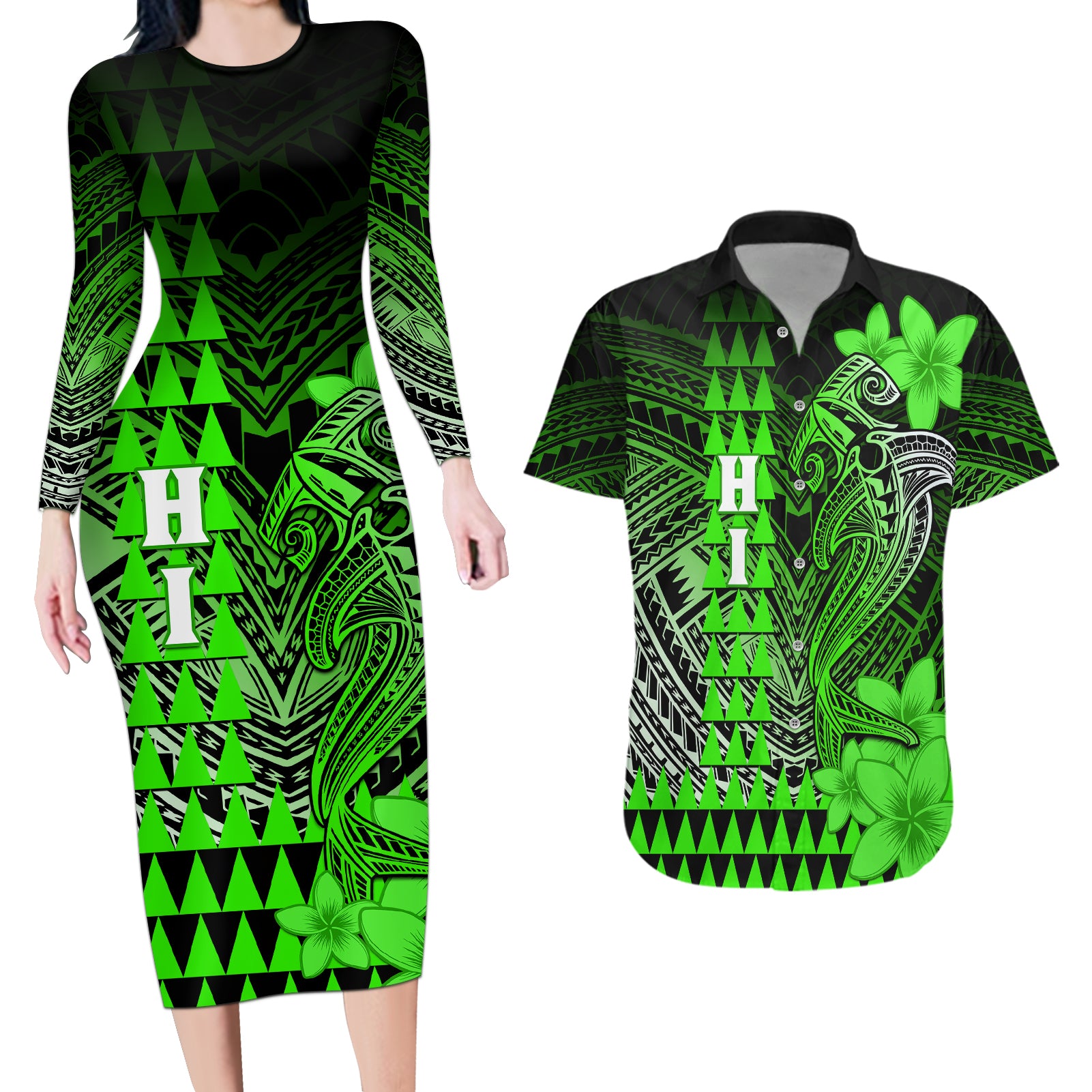 Personalized Hawaii Couples Matching Long Sleeve Bodycon Dress and Hawaiian Shirt Hammerhead Shark Kakau Polynesian Tribal Green LT05 Green - Polynesian Pride