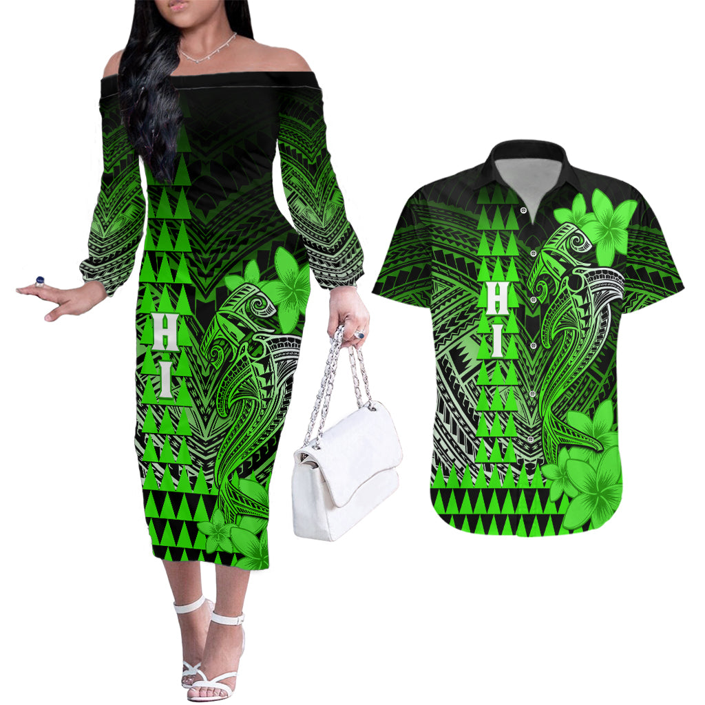 Personalized Hawaii Couples Matching Off The Shoulder Long Sleeve Dress and Hawaiian Shirt Hammerhead Shark Kakau Polynesian Tribal Green LT05 Green - Polynesian Pride