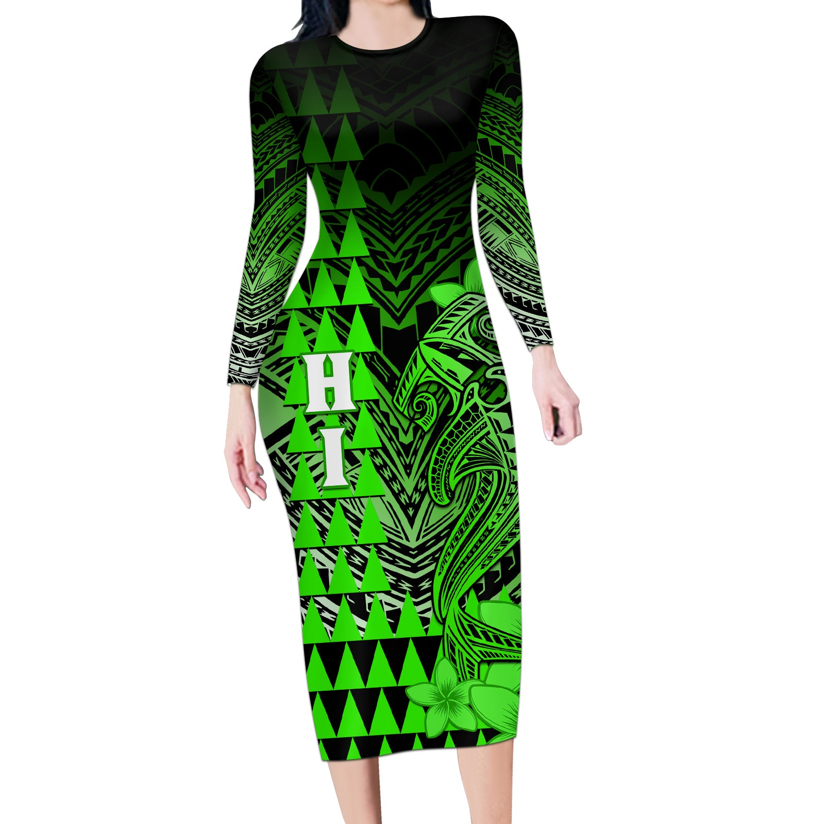 Personalized Hawaii Long Sleeve Bodycon Dress Hammerhead Shark Kakau Polynesian Tribal Green LT05 Long Dress Green - Polynesian Pride