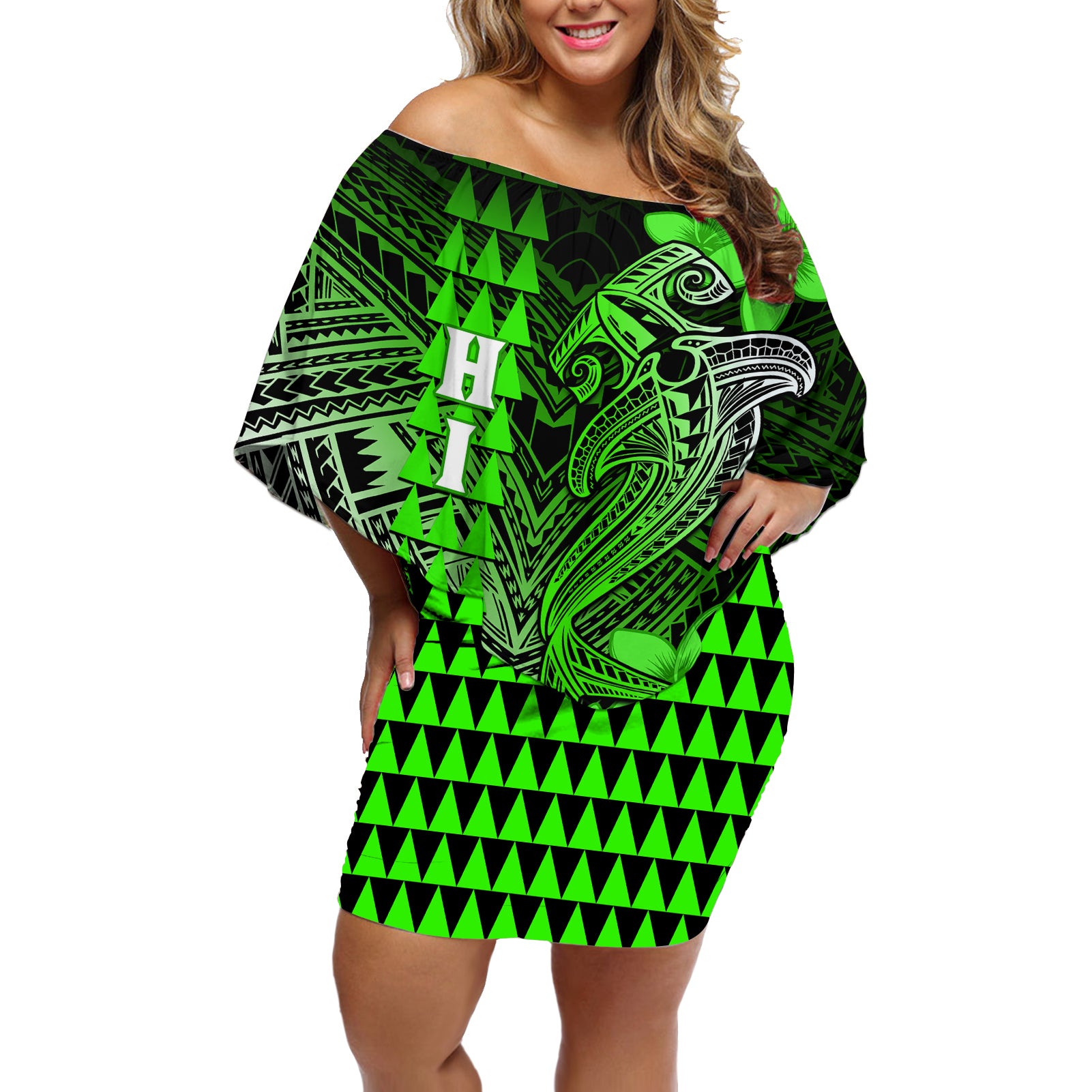 Personalized Hawaii Off Shoulder Short Dress Hammerhead Shark Kakau Polynesian Tribal Green LT05 Women Green - Polynesian Pride