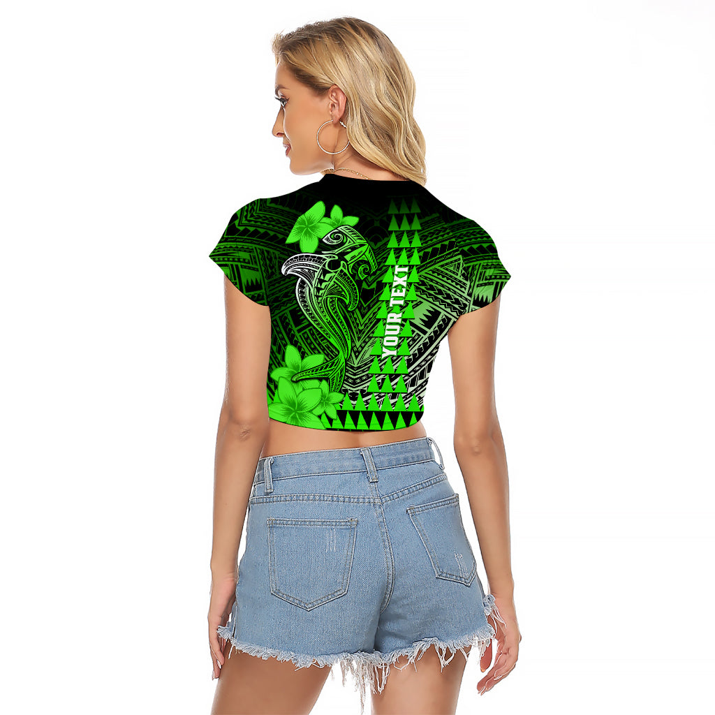 Personalized Hawaii Raglan Cropped T Shirt Hammerhead Shark Kakau Polynesian Tribal Green LT05 - Polynesian Pride