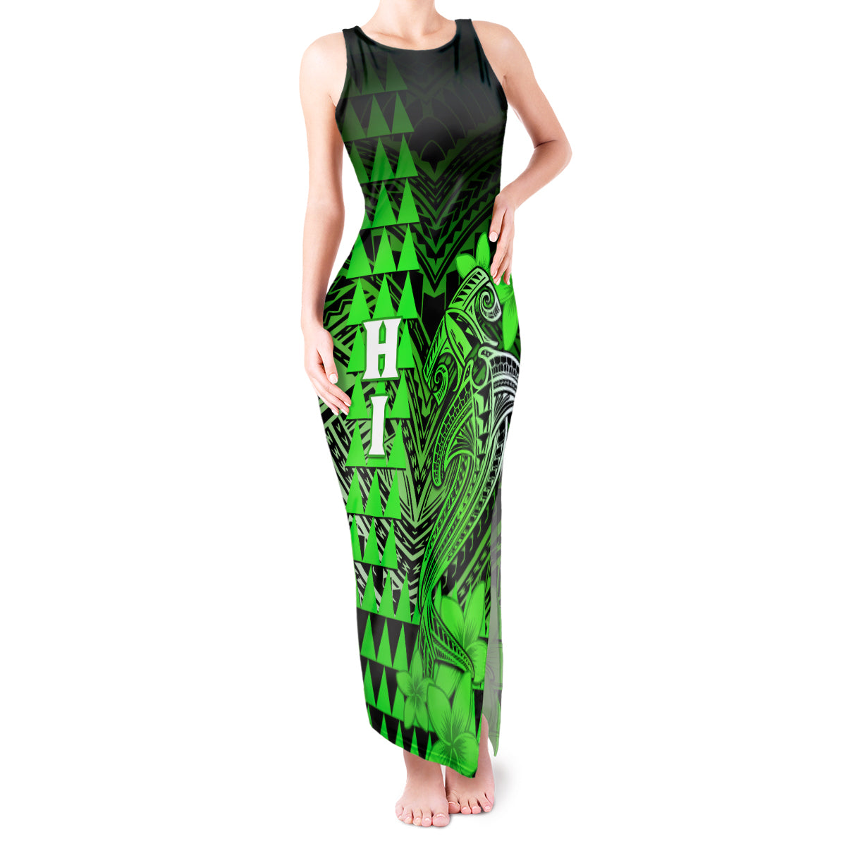 Personalized Hawaii Tank Maxi Dress Hammerhead Shark Kakau Polynesian Tribal Green LT05 Women Green - Polynesian Pride