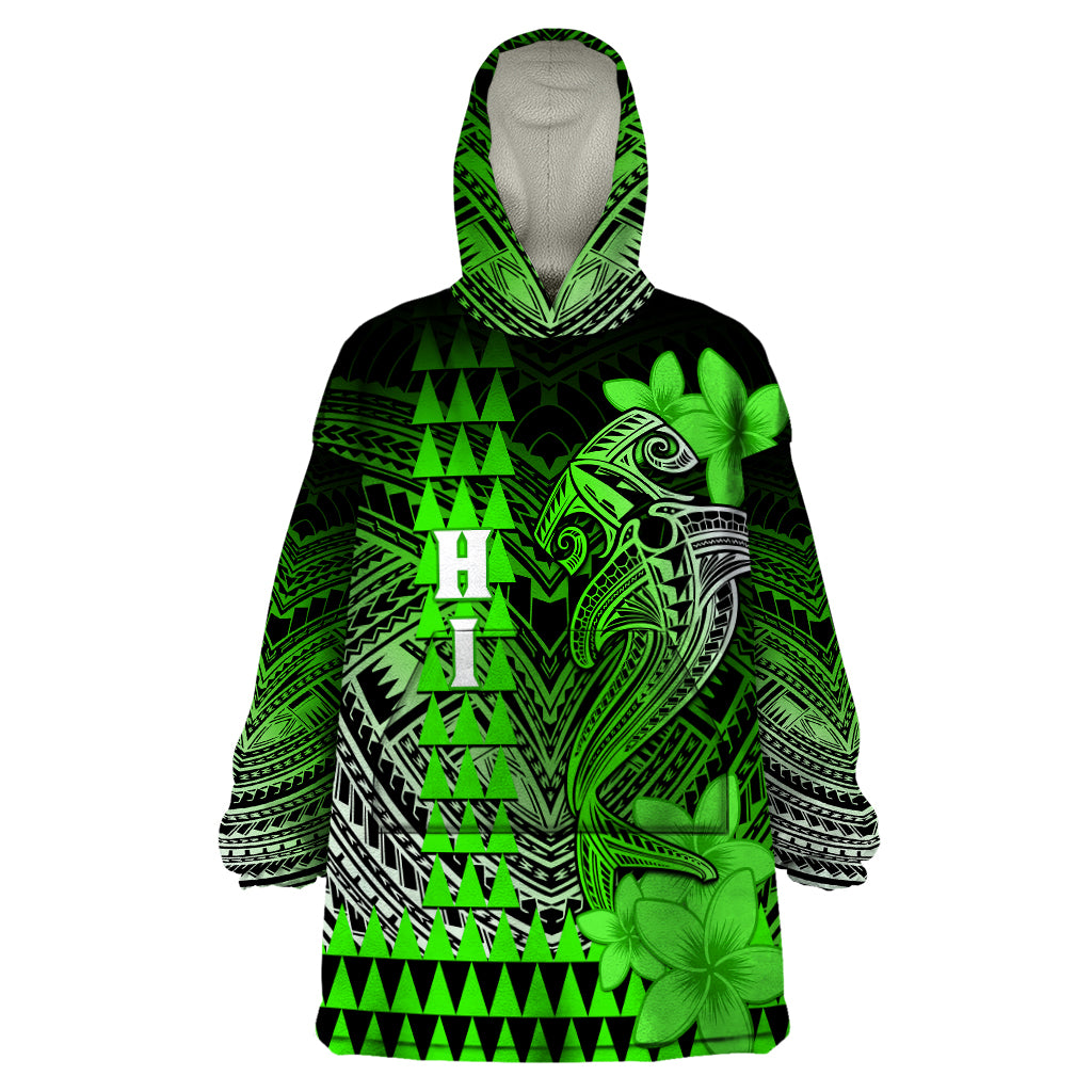 Personalized Hawaii Wearable Blanket Hoodie Hammerhead Shark Kakau Polynesian Tribal Green LT05 One Size Green - Polynesian Pride