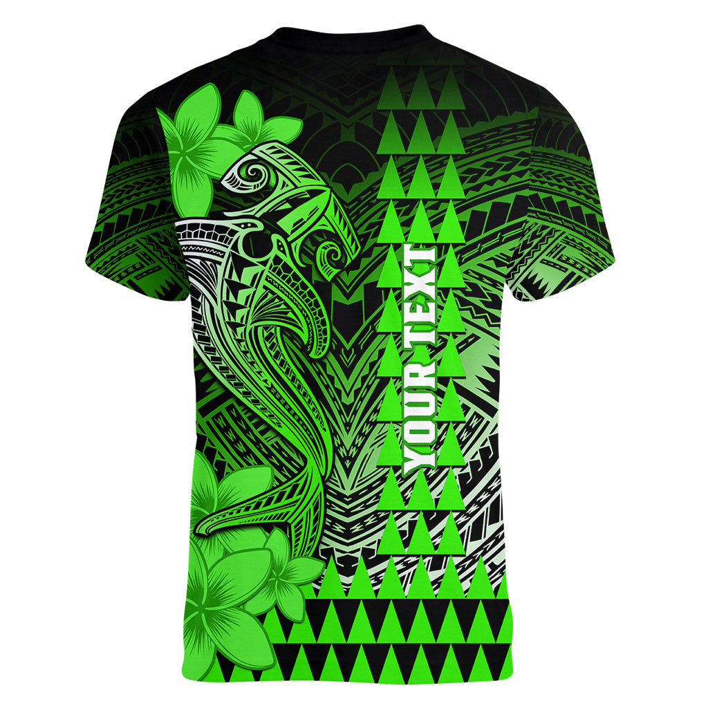 Personalized Hawaii Women V Neck T Shirt Hammerhead Shark Kakau Polynesian Tribal Green LT05 - Polynesian Pride