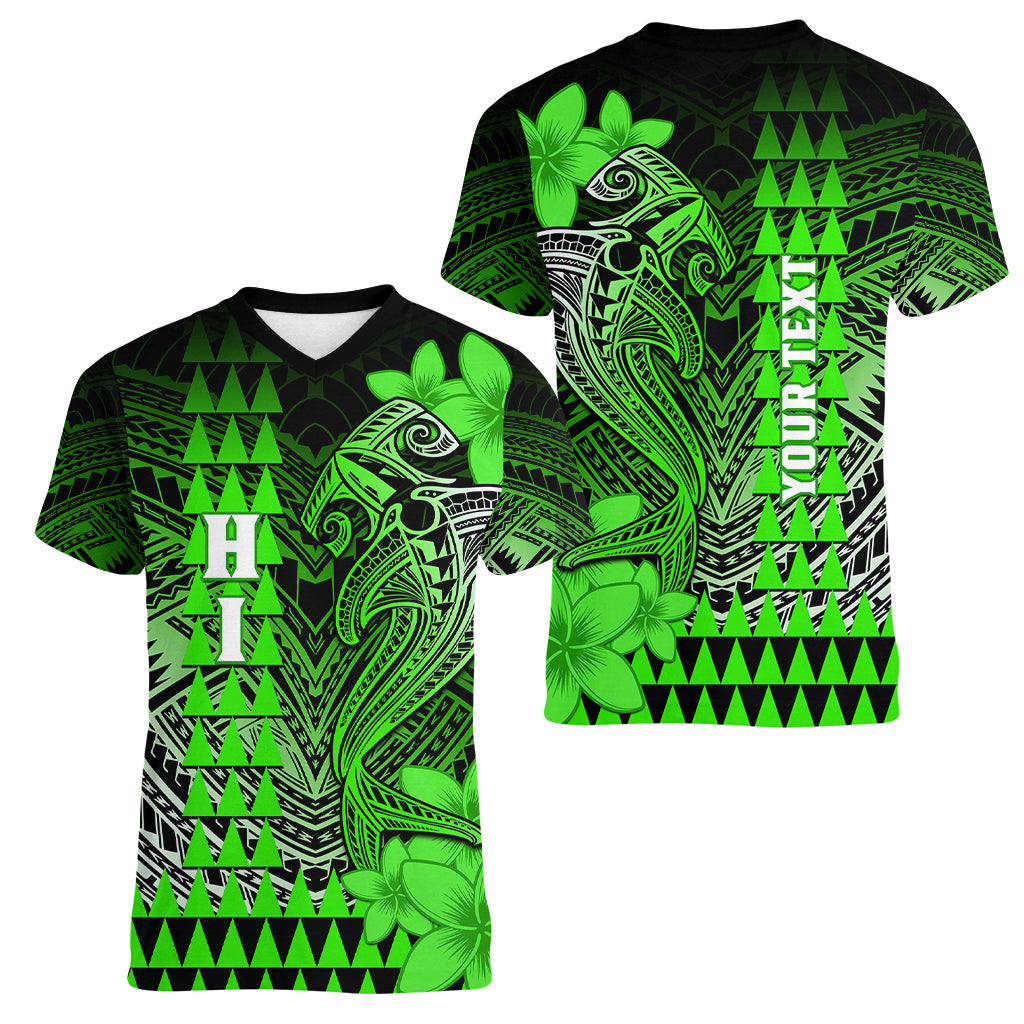 Personalized Hawaii Women V Neck T Shirt Hammerhead Shark Kakau Polynesian Tribal Green LT05 - Polynesian Pride