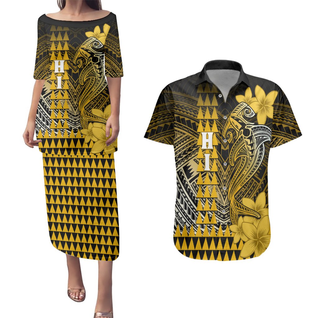 Personalized Hawaii Couples Matching Puletasi Dress and Hawaiian Shirt Hammerhead Shark Kakau Polynesian Tribal Gold LT05 Gold - Polynesian Pride